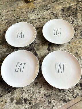 Rae Dunn White Ceramic 'EAT' Plate Set - Black Lettering